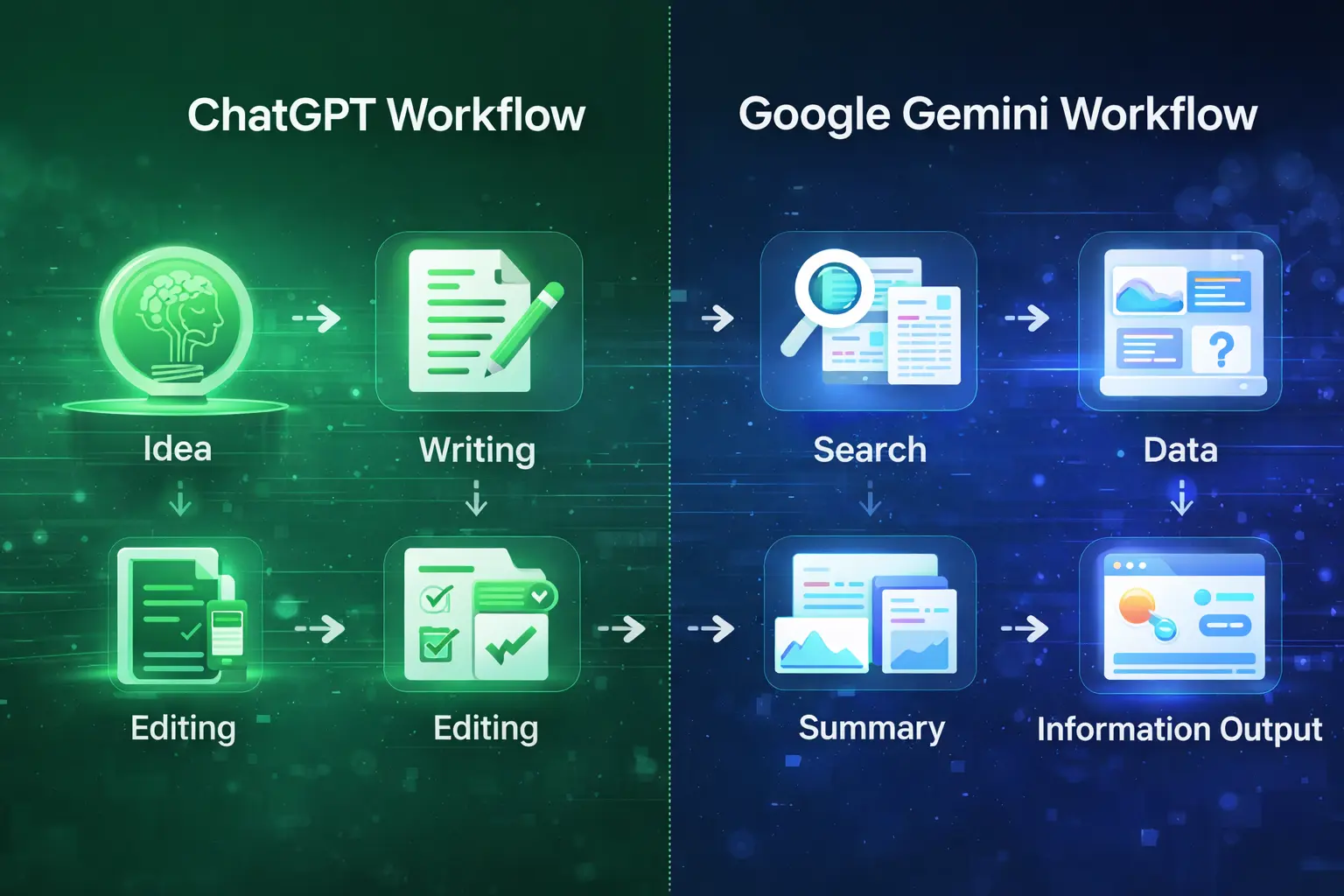 Infographic comparing the user workflow of ChatGPT vs Google Gemini for generating information.