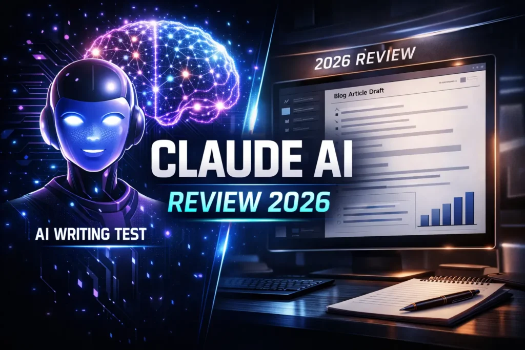 Claude AI Review 2026 featured image showing AI writing tool interface and performance test comparison
