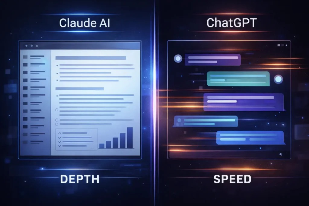 Claude vs ChatGPT comparison 2026 showing writing quality, speed, and AI performance differences