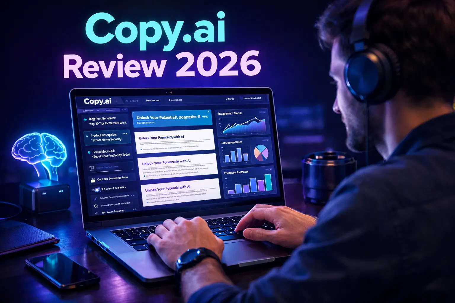 Copy.ai review 2026 featured image showing AI copywriting dashboard and marketing workflow