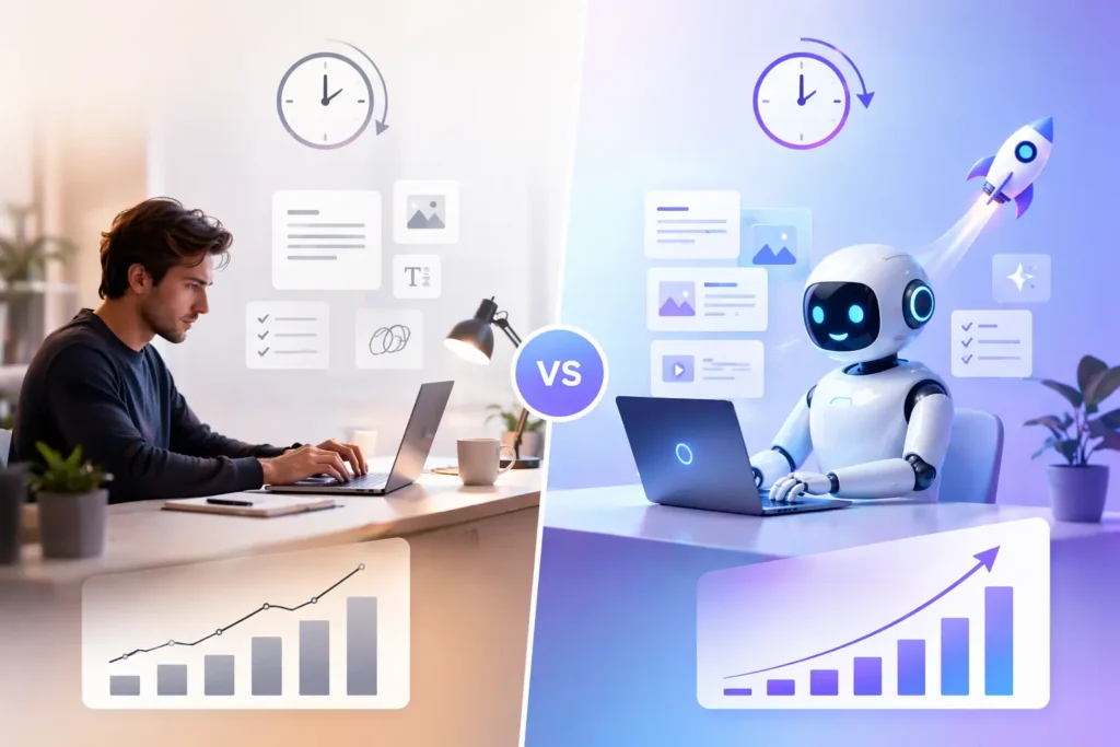 Copy.ai productivity comparison showing time saving and efficiency improvement using AI copywriting tool