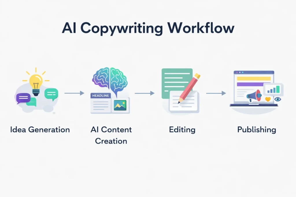 Copy.ai workflow process from idea generation to content publishing using AI tools