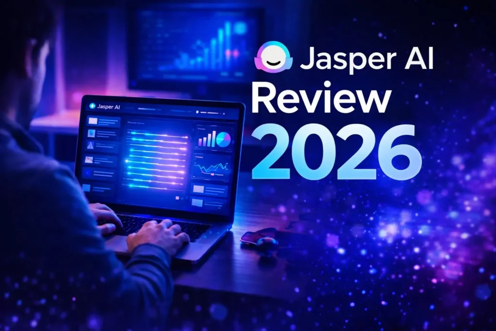 Jasper AI review 2026 featured image showing AI content writing dashboard and workflow system