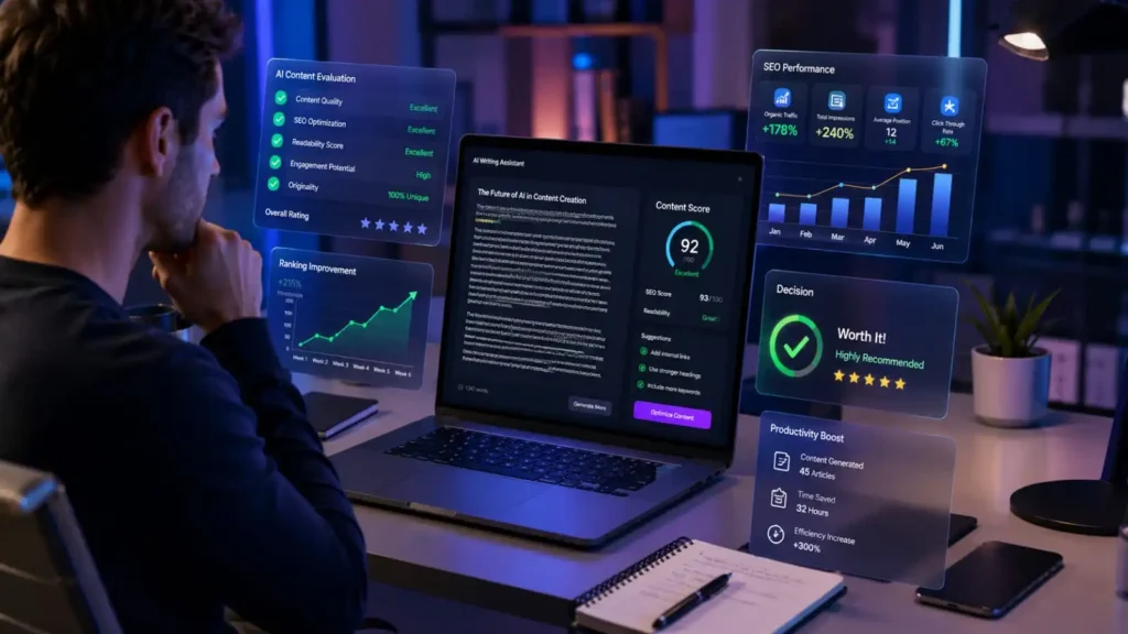 Professional content creator reviewing AI writing software with SEO performance metrics, ranking improvements, productivity indicators, checklist completion, and modern futuristic workspace setup.