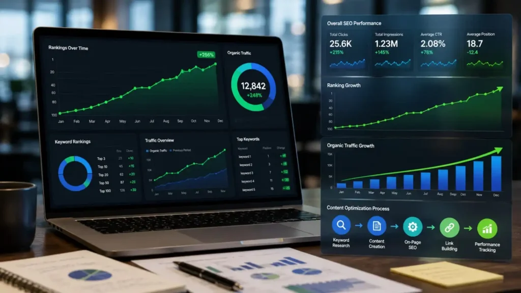 SEO case study visualization displaying website ranking growth, organic traffic increase, keyword tracking charts, analytics dashboard, and content optimization workflow on a laptop screen.