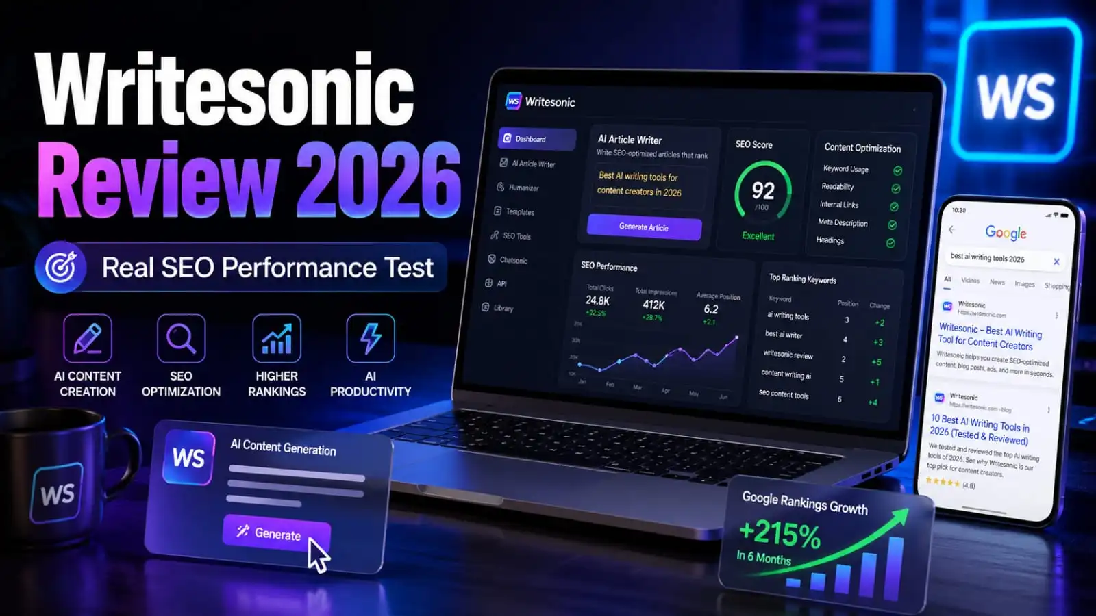 Writesonic Review 2026 featured image showing an AI writing dashboard on a laptop, SEO ranking charts, Google search results, content creation tools, and futuristic blue-purple neon workspace.